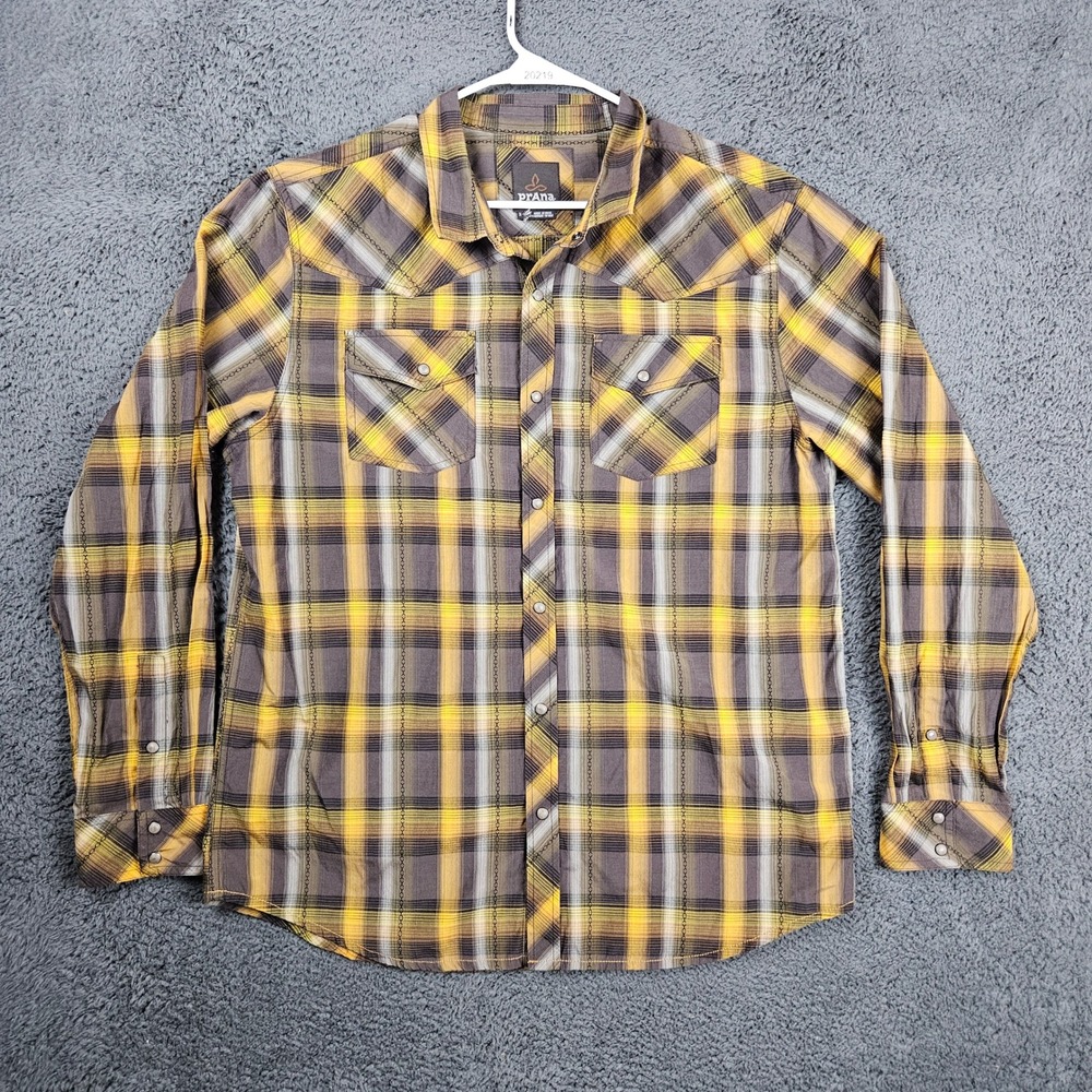 Prana Mens XL Western Snap Plaid Shirt Yellow Brown Organic‎ Cotton M2HOLS314